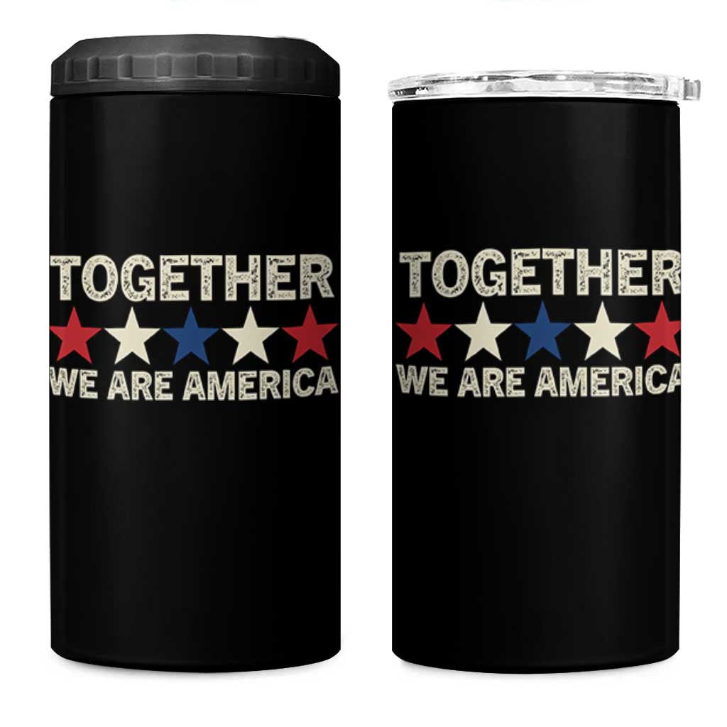 Together We Are America Patriotic Unity 4 in 1 Can Cooler Tumbler Vintage Red White Blue Stars Bunny Inspirational Quote