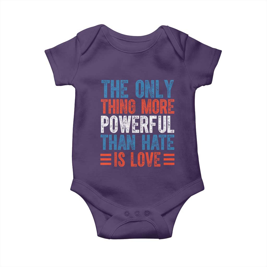 The Only Thing More Powerful Than Hate Is Love Baby Onesie Bold Red White and Blue Bunny Inspirational Quote