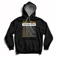 Black pullover hoodie with hood and front pocket, “Senior Citizen Texting Code” graphic.