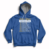 Royal blue pullover hoodie with hood and front pocket, “Senior Citizen Texting Code” graphic.
