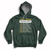 Forest green pullover hoodie with hood and front pocket, “Senior Citizen Texting Code” graphic.