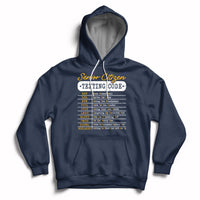 Navy pullover hoodie with hood and front pocket, “Senior Citizen Texting Code” graphic.
