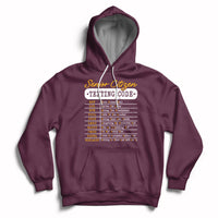 Maroon pullover hoodie with hood and front pocket, “Senior Citizen Texting Code” graphic.