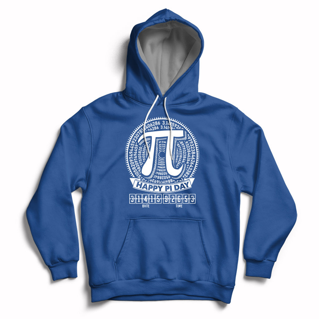 Pi math hoodie with hood and drawstrings, front pocket, pi graphic on chest (royal blue)