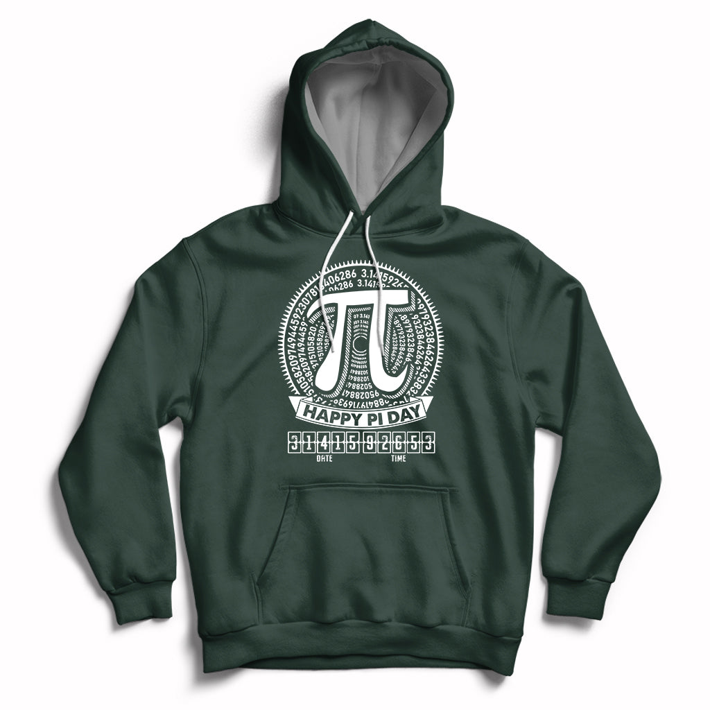 Pi math hoodie with hood and drawstrings, front pocket, pi graphic on chest (forest green)