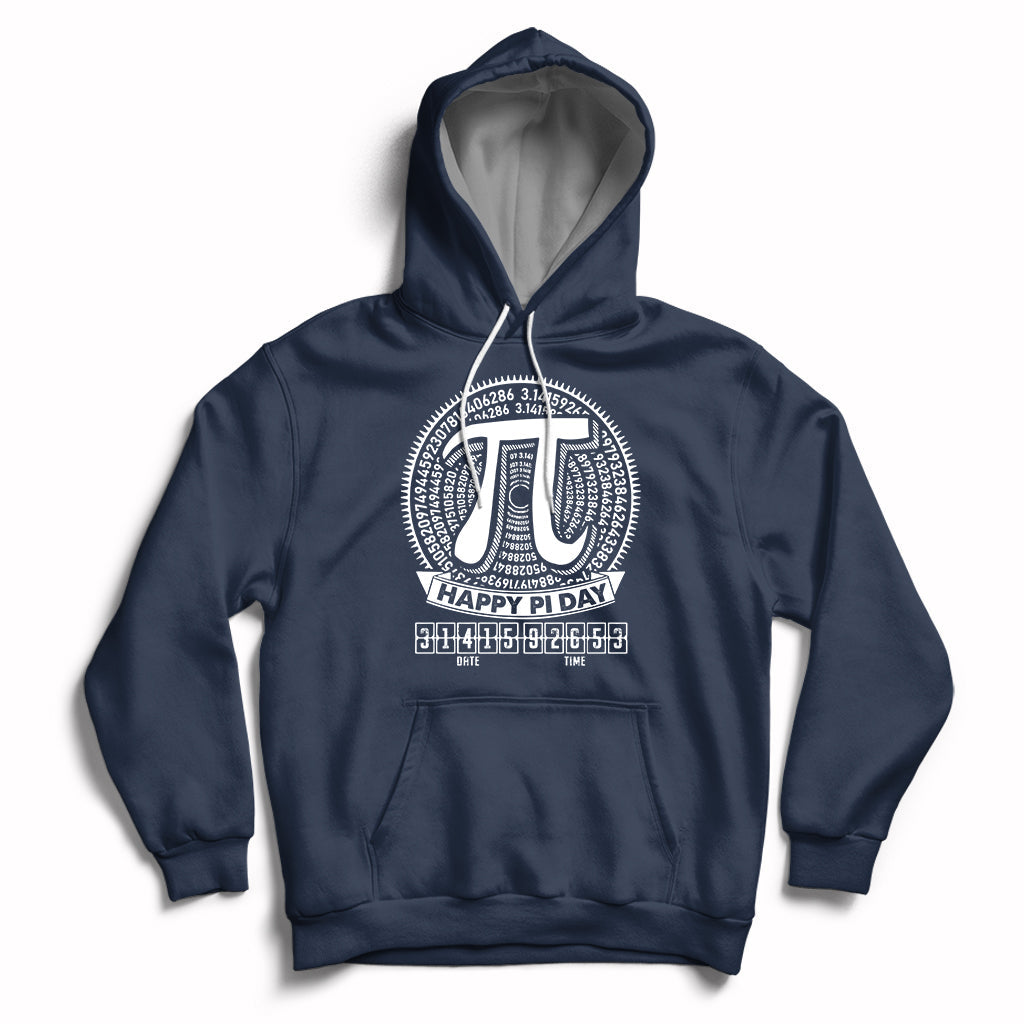 Pi math hoodie with hood and drawstrings, front pocket, pi graphic on chest (navy)