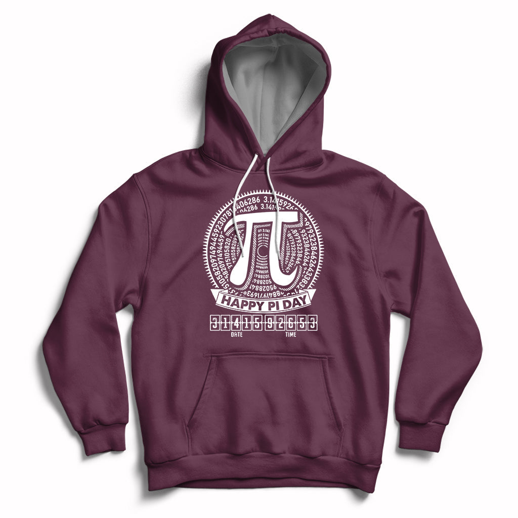 Pi math hoodie with hood and drawstrings, front pocket, pi graphic on chest (maroon)