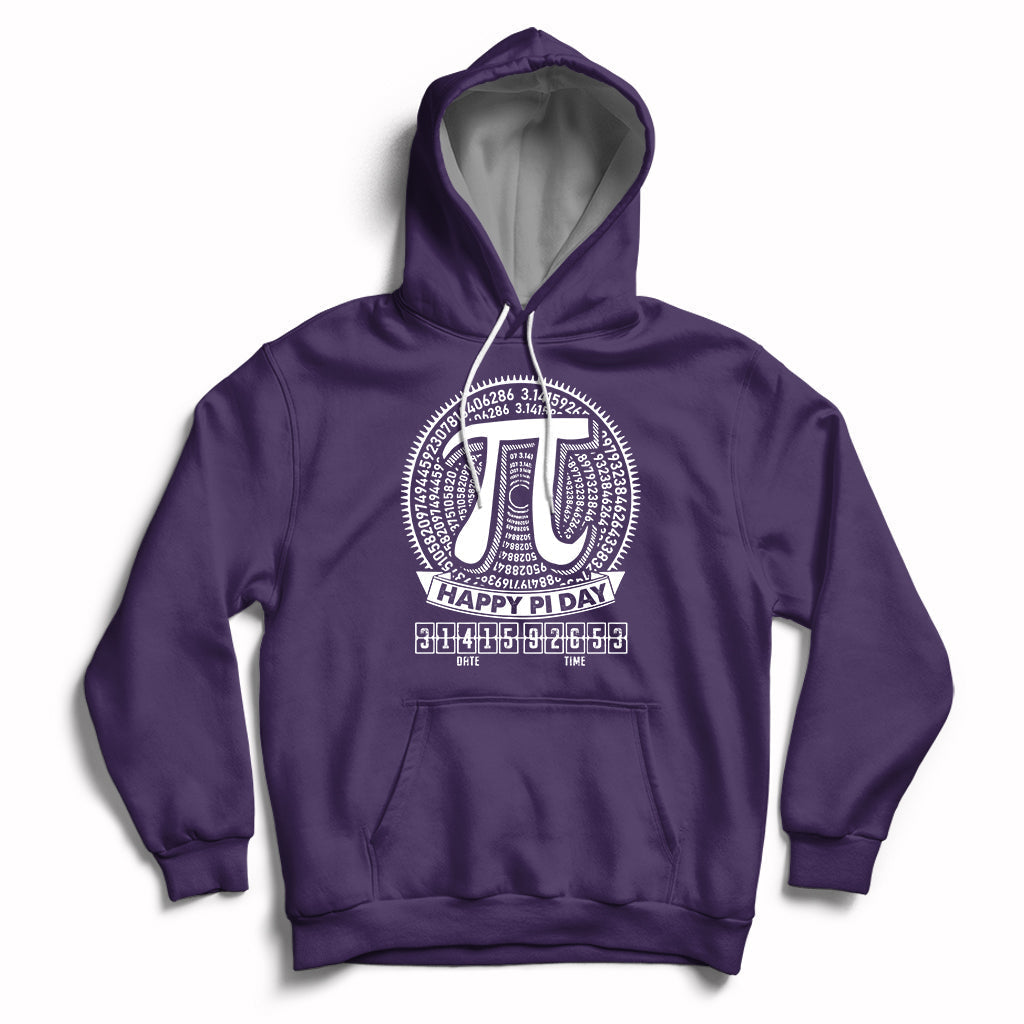 Pi math hoodie with hood and drawstrings, front pocket, pi graphic on chest (purple)