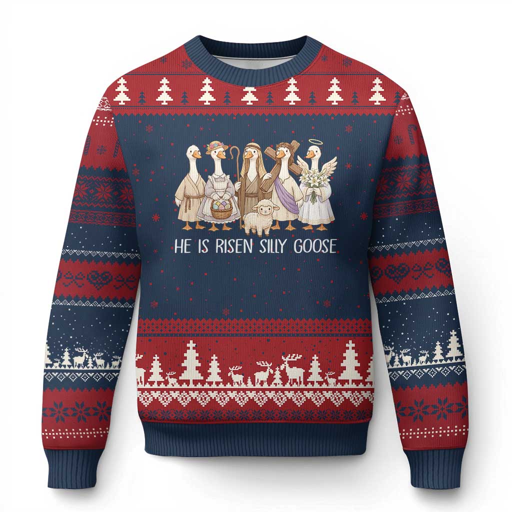 Funny Christian Easter He Is Risen Silly Goose Ugly Christmas Sweater Cute Faith-Based Geese Parody Gift with Jesus
