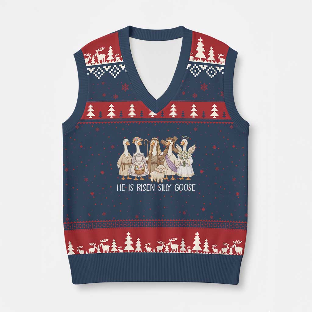 Funny Christian Easter He Is Risen Silly Goose V-Neck Knit Sweater Vest Cute Faith-Based Geese Parody Gift with Jesus