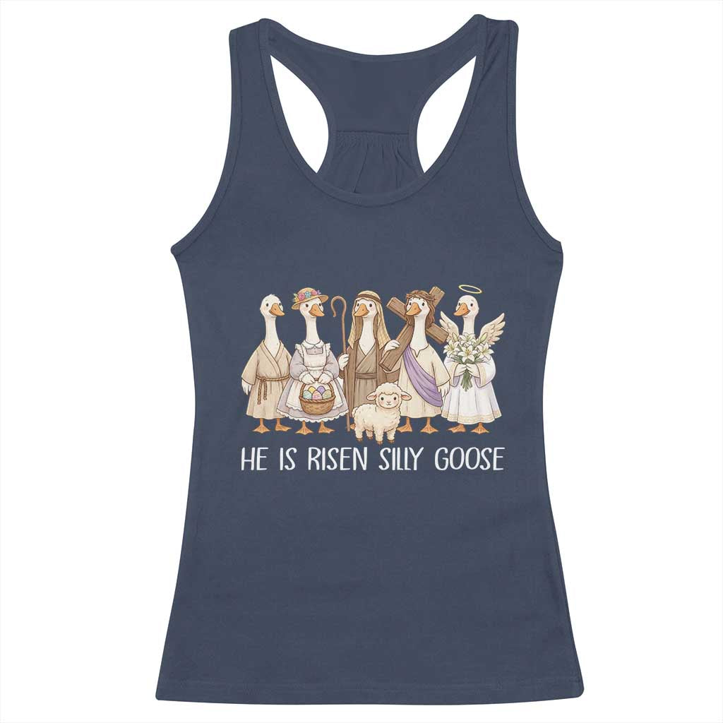 Funny Christian Easter He Is Risen Silly Goose Racerback Tank Top Cute Faith-Based Geese Parody Gift with Jesus