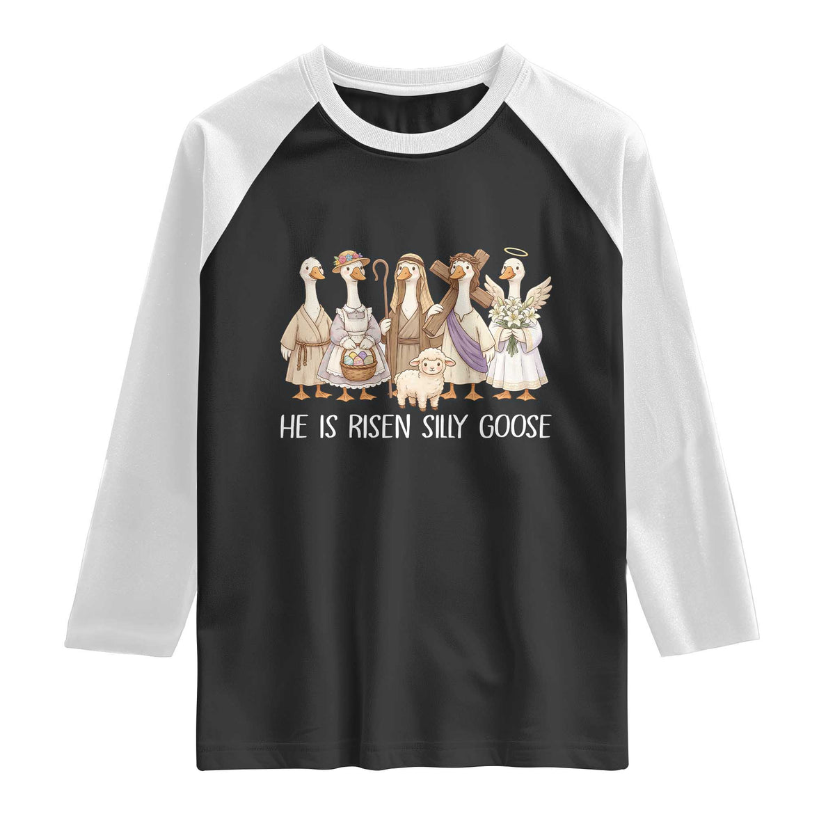 Funny Christian Easter He Is Risen Silly Goose Raglan Shirt Cute Faith-Based Geese Parody Gift with Jesus