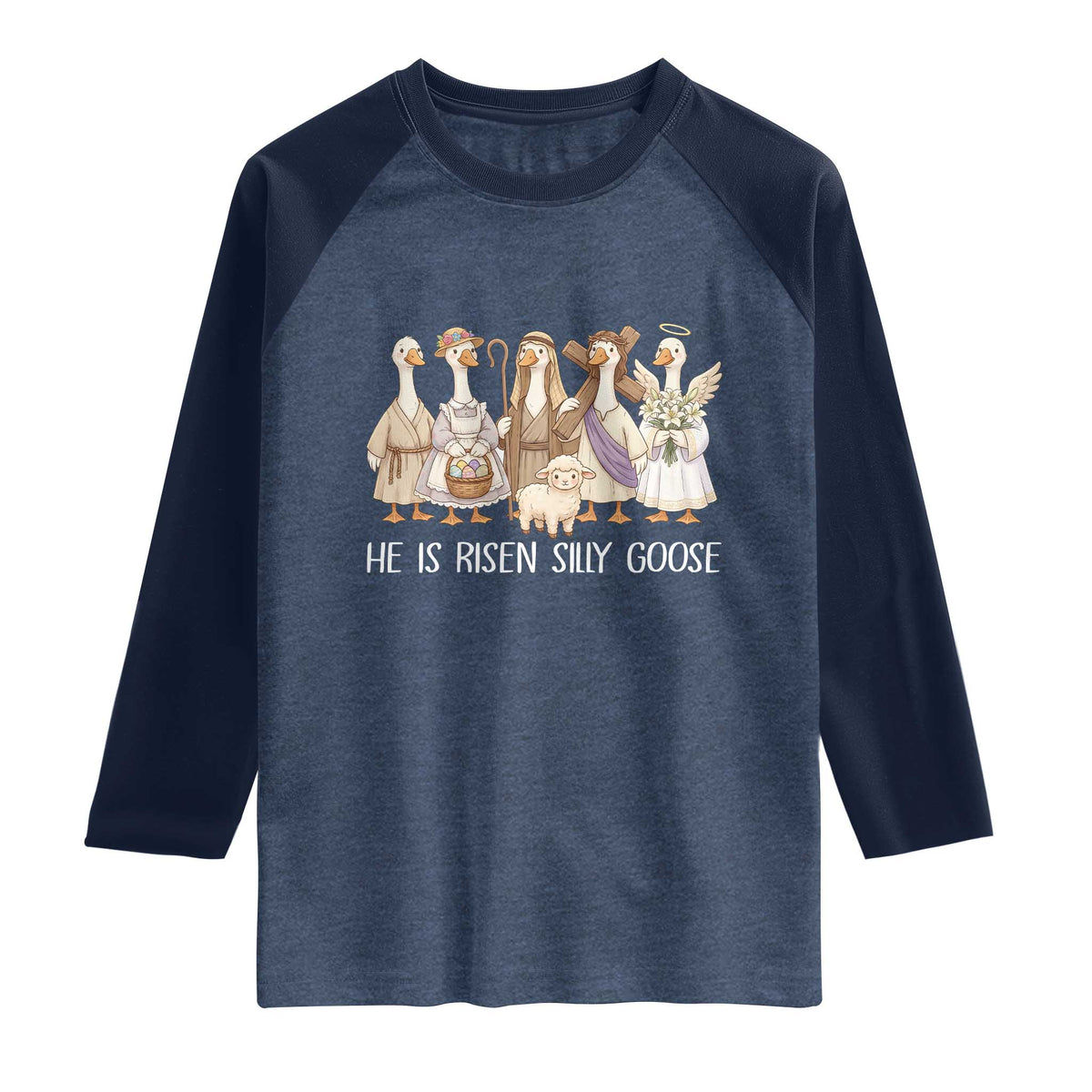 Funny Christian Easter He Is Risen Silly Goose Raglan Shirt Cute Faith-Based Geese Parody Gift with Jesus