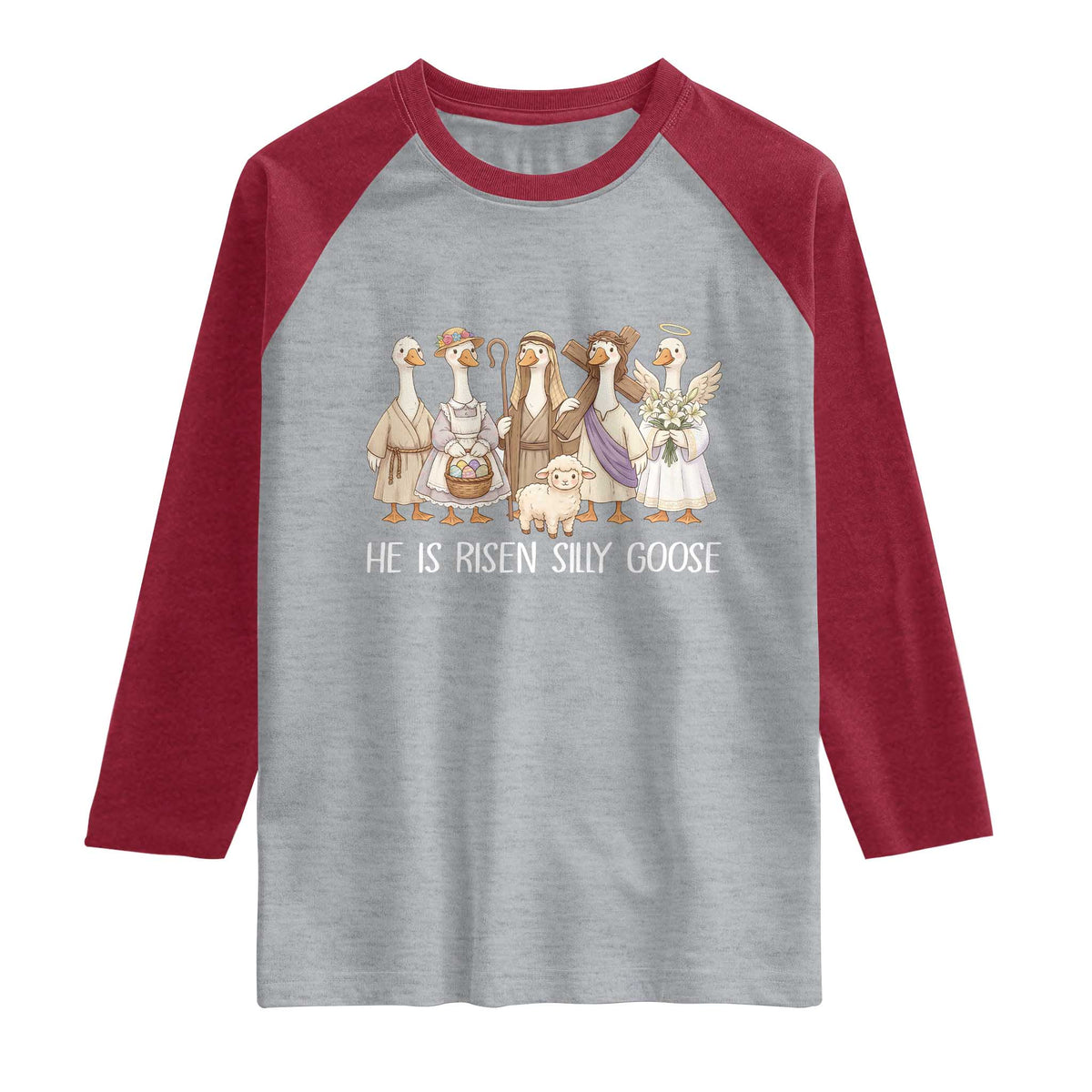 Funny Christian Easter He Is Risen Silly Goose Raglan Shirt Cute Faith-Based Geese Parody Gift with Jesus