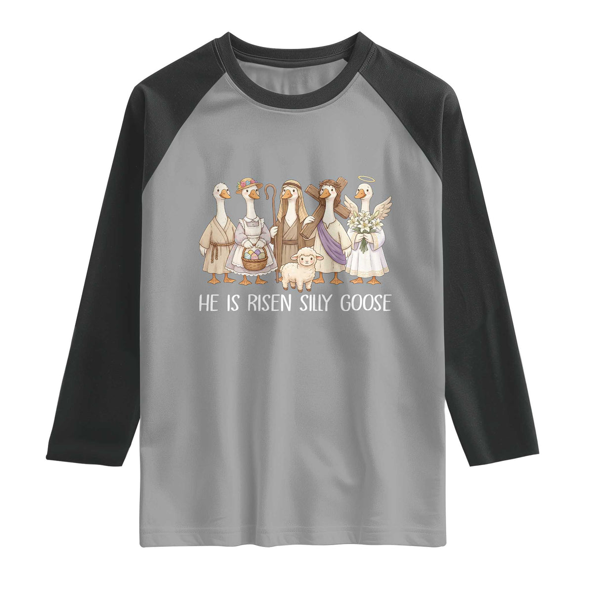 Funny Christian Easter He Is Risen Silly Goose Raglan Shirt Cute Faith-Based Geese Parody Gift with Jesus