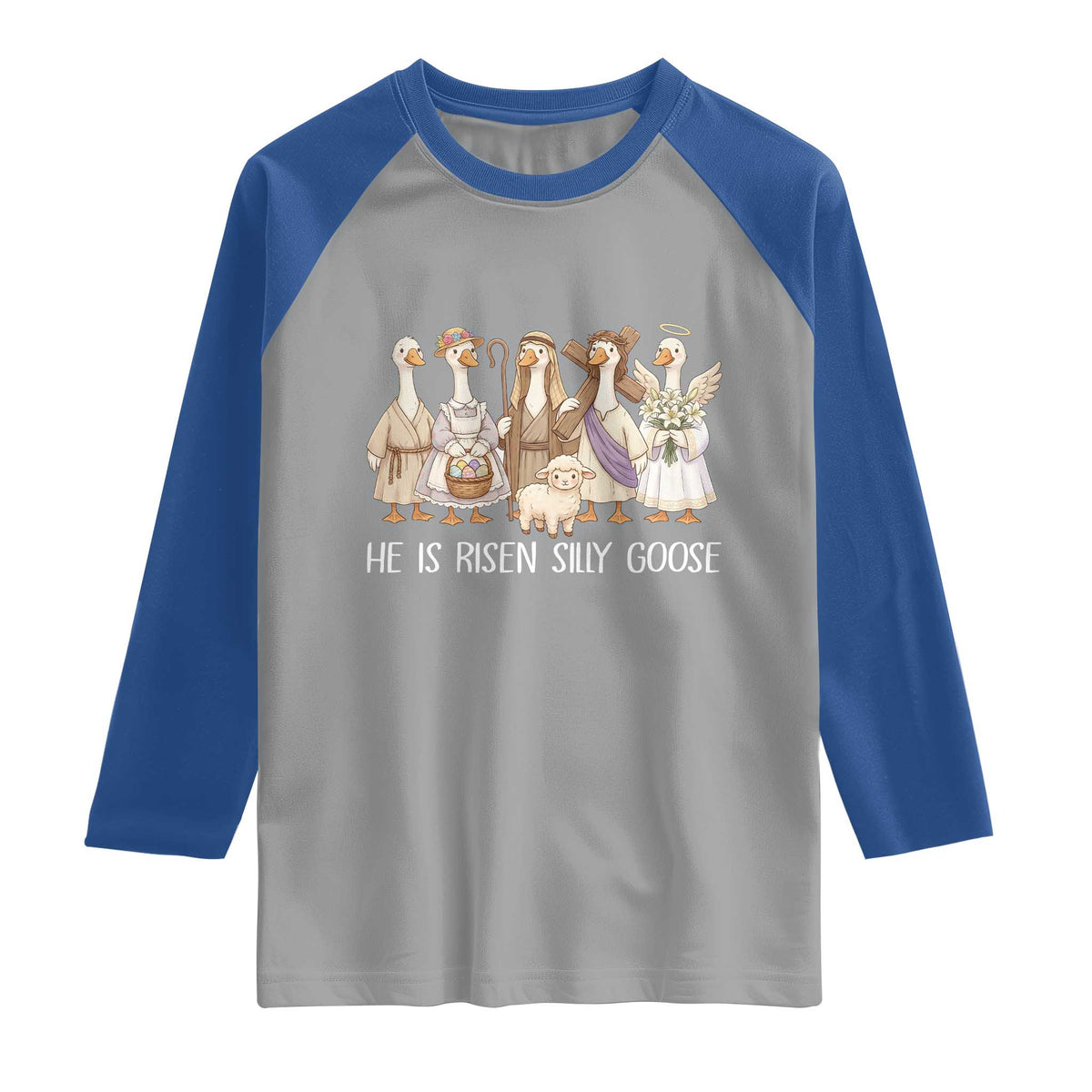 Funny Christian Easter He Is Risen Silly Goose Raglan Shirt Cute Faith-Based Geese Parody Gift with Jesus