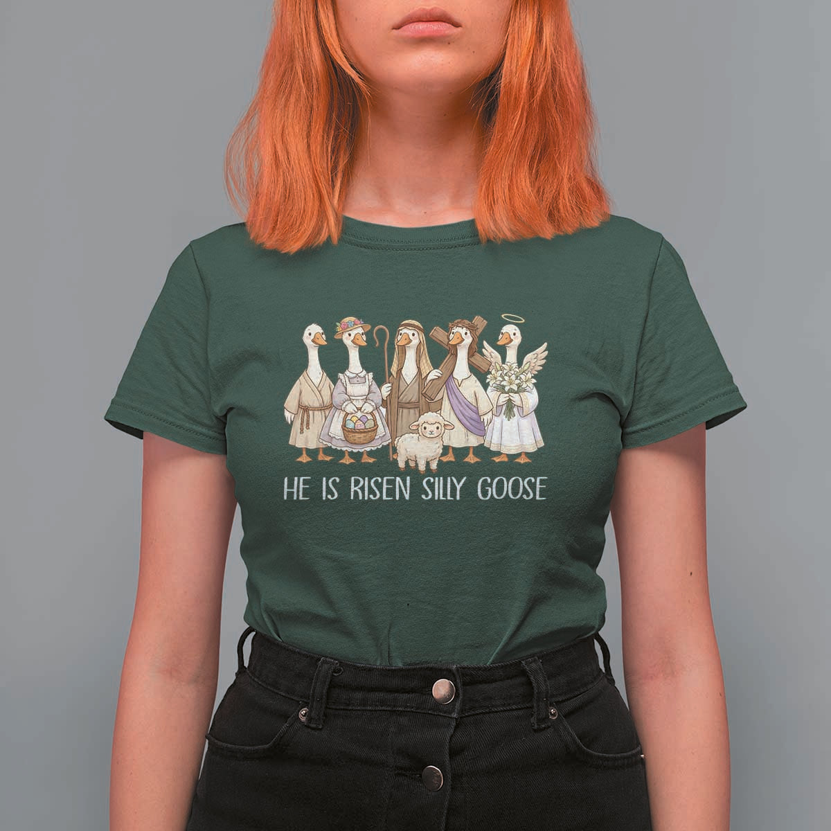 Funny Christian Easter He Is Risen Silly Goose T Shirt For Women Cute Faith-Based Geese Parody Gift with Jesus