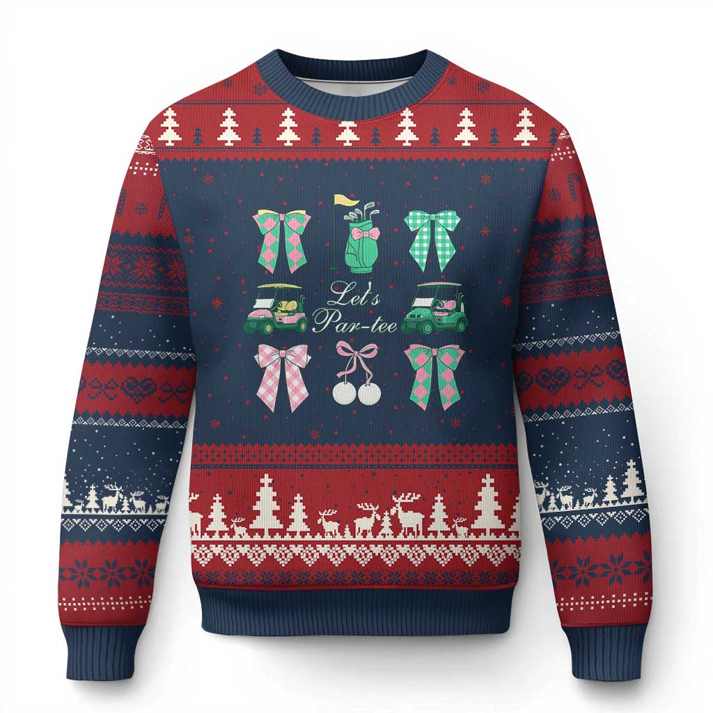 Lets Par-tee Coquette Golf Bows Ugly Christmas Sweater Preppy Pink and Green Golf Cart n Bag Golfing Lover Club