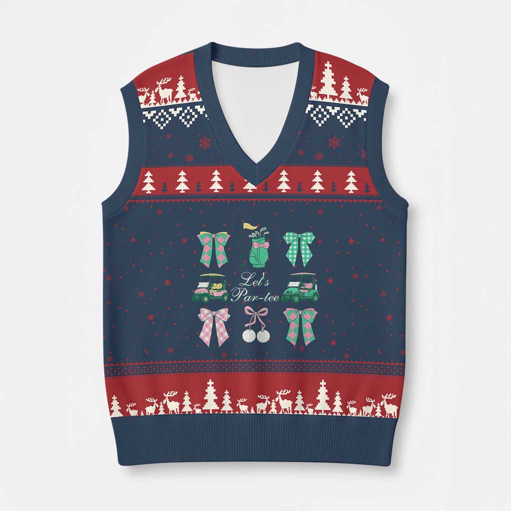 Lets Par-tee Coquette Golf Bows V-Neck Knit Sweater Vest Preppy Pink and Green Golf Cart n Bag Golfing Lover Club