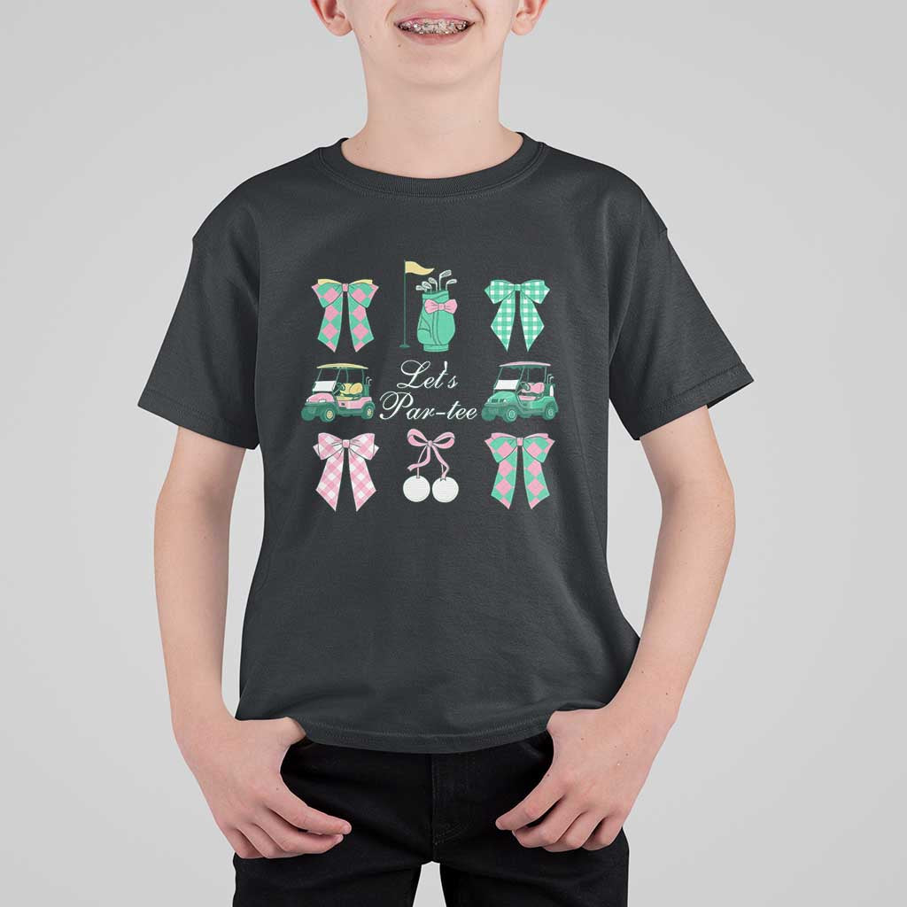 Lets Par-tee Coquette Golf Bows T Shirt For Kid Preppy Pink and Green Golf Cart n Bag Golfing Lover Club