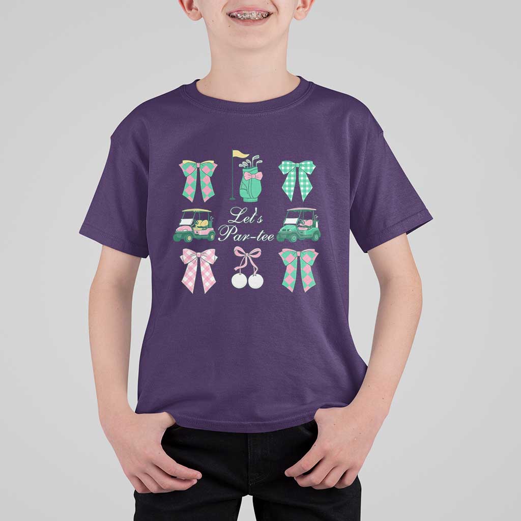 Lets Par-tee Coquette Golf Bows T Shirt For Kid Preppy Pink and Green Golf Cart n Bag Golfing Lover Club