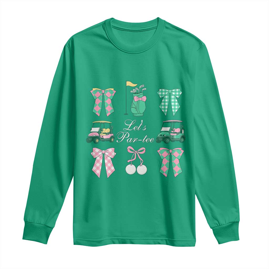 Lets Par-tee Coquette Golf Bows Long Sleeve Shirt Preppy Pink and Green Golf Cart n Bag Golfing Lover Club