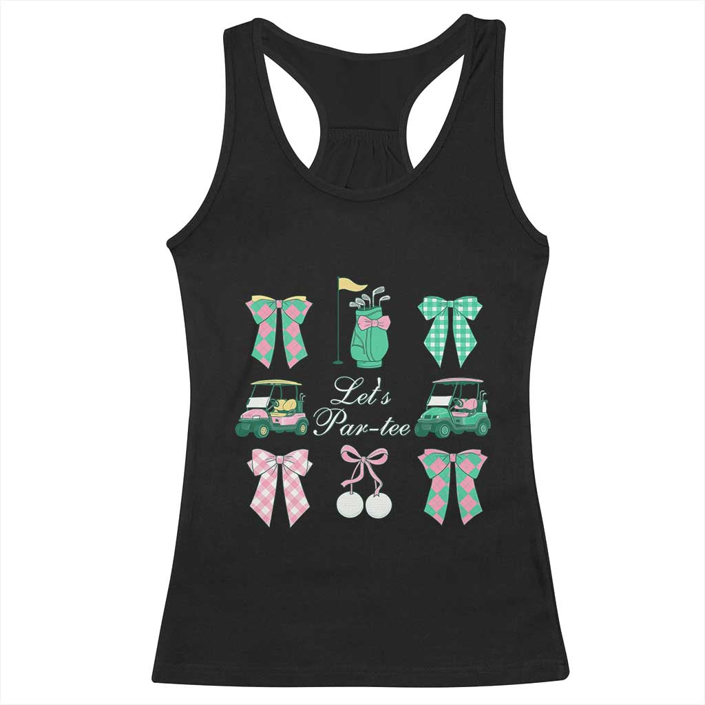 Lets Par-tee Coquette Golf Bows Racerback Tank Top Preppy Pink and Green Golf Cart n Bag Golfing Lover Club