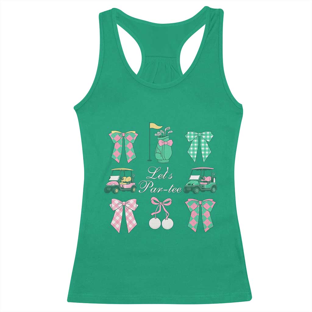 Lets Par-tee Coquette Golf Bows Racerback Tank Top Preppy Pink and Green Golf Cart n Bag Golfing Lover Club