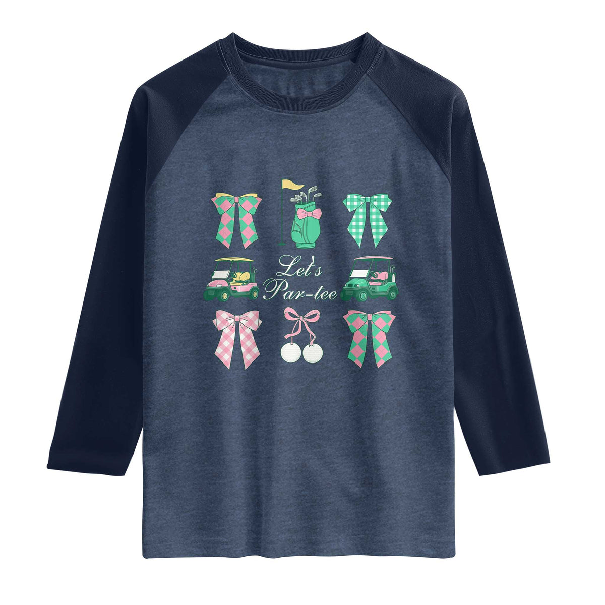 Lets Par-tee Coquette Golf Bows Raglan Shirt Preppy Pink and Green Golf Cart n Bag Golfing Lover Club