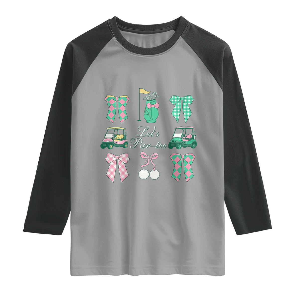 Lets Par-tee Coquette Golf Bows Raglan Shirt Preppy Pink and Green Golf Cart n Bag Golfing Lover Club