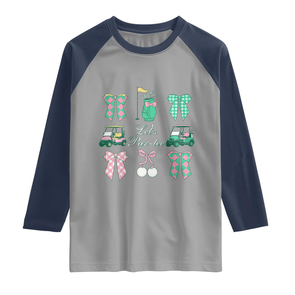 Lets Par-tee Coquette Golf Bows Raglan Shirt Preppy Pink and Green Golf Cart n Bag Golfing Lover Club