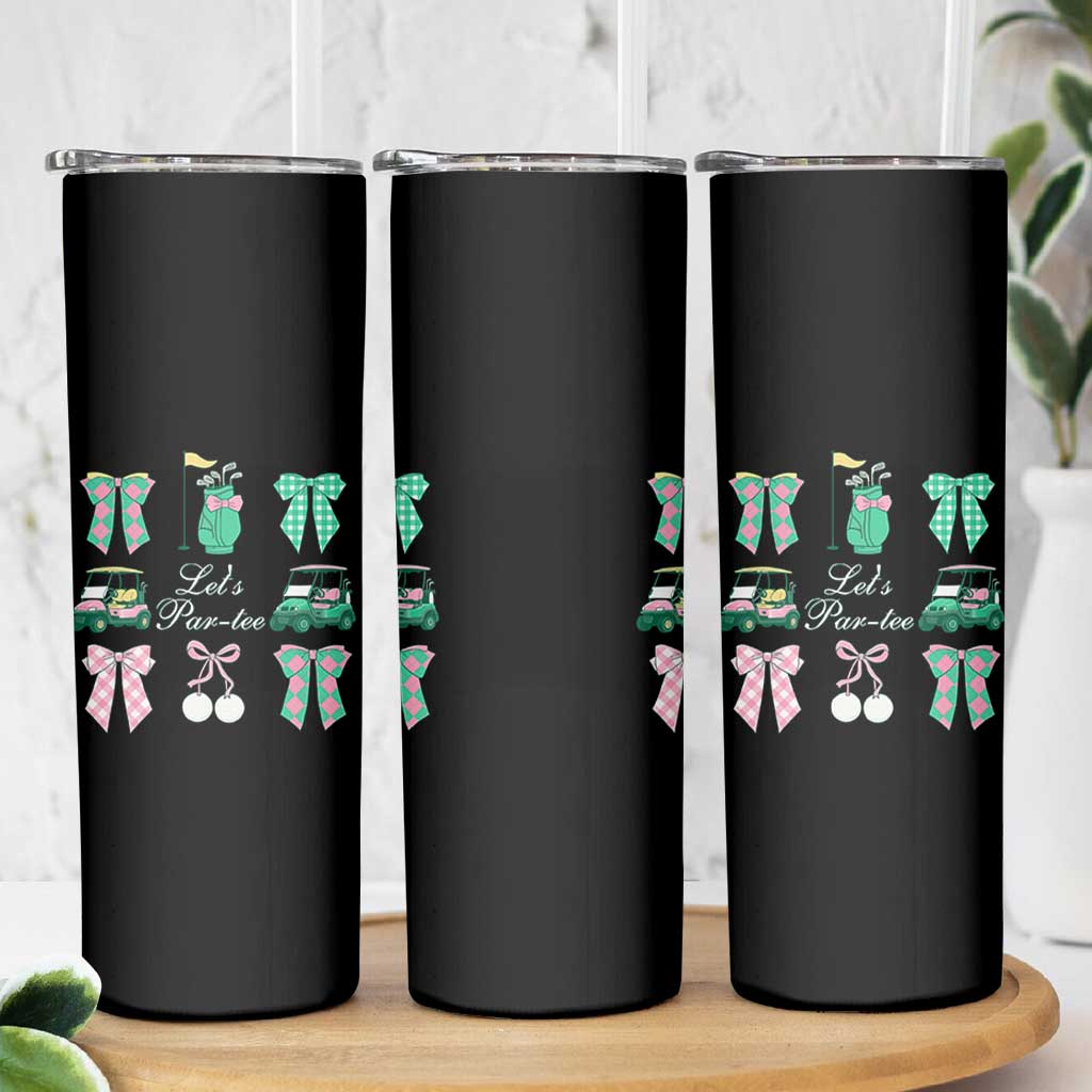 Lets Par-tee Coquette Golf Bows Skinny Tumbler Preppy Pink and Green Golf Cart n Bag Golfing Lover Club
