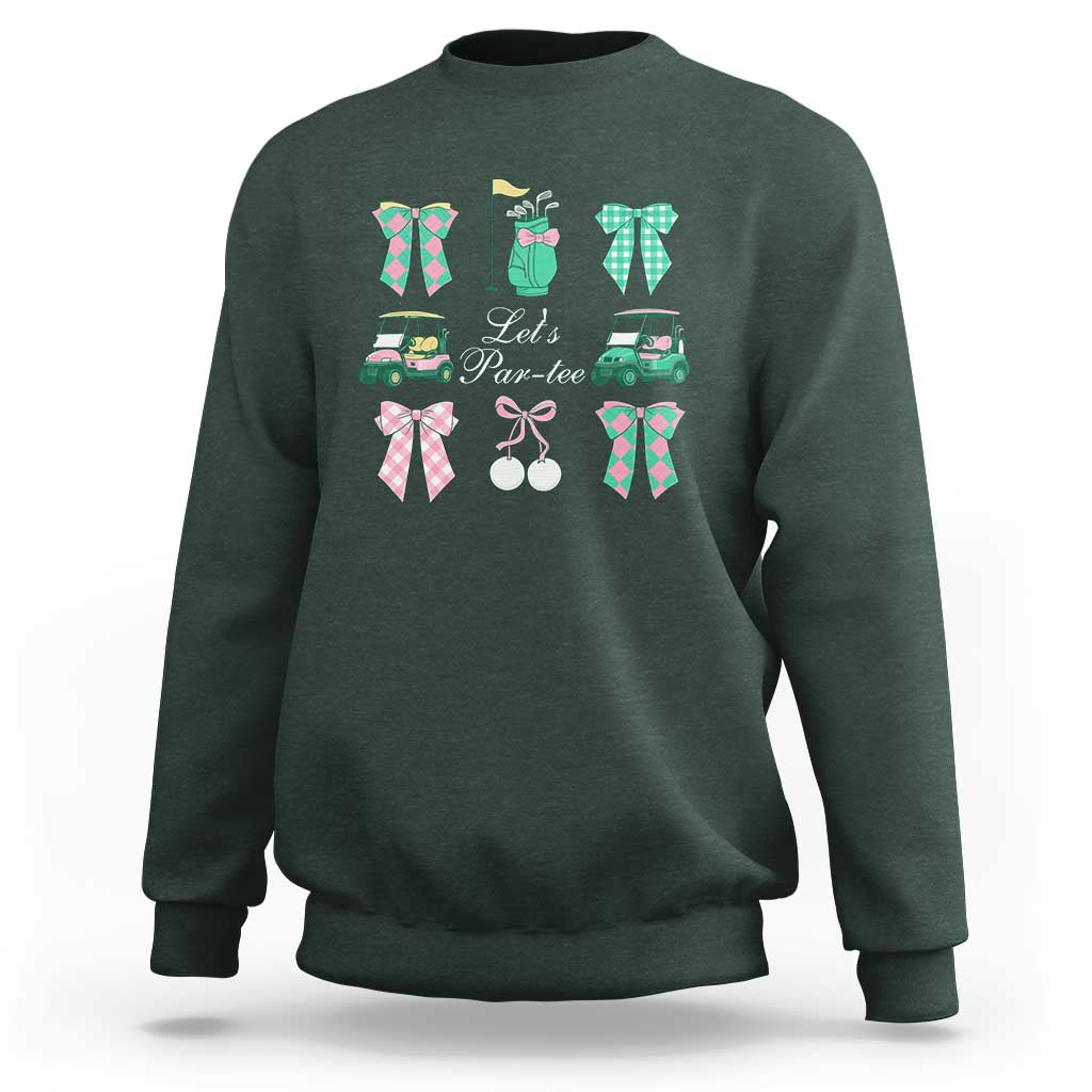 Lets Par-tee Coquette Golf Bows Sweatshirt Preppy Pink and Green Golf Cart n Bag Golfing Lover Club