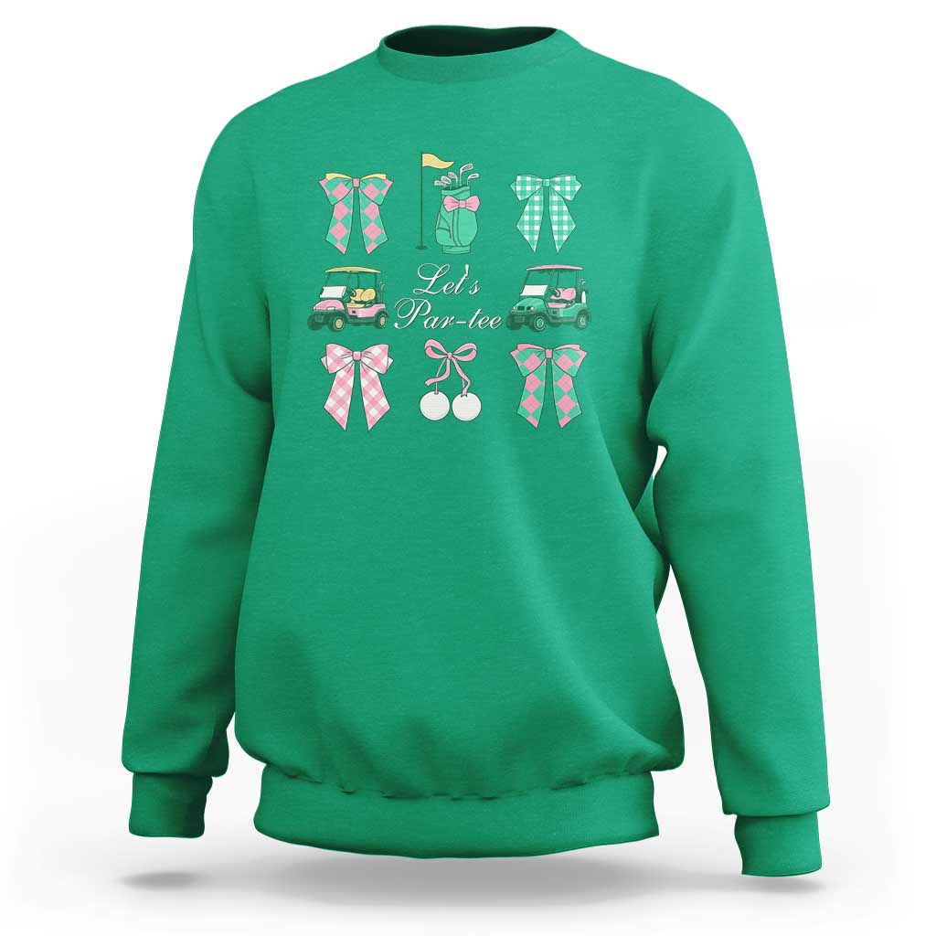 Lets Par-tee Coquette Golf Bows Sweatshirt Preppy Pink and Green Golf Cart n Bag Golfing Lover Club