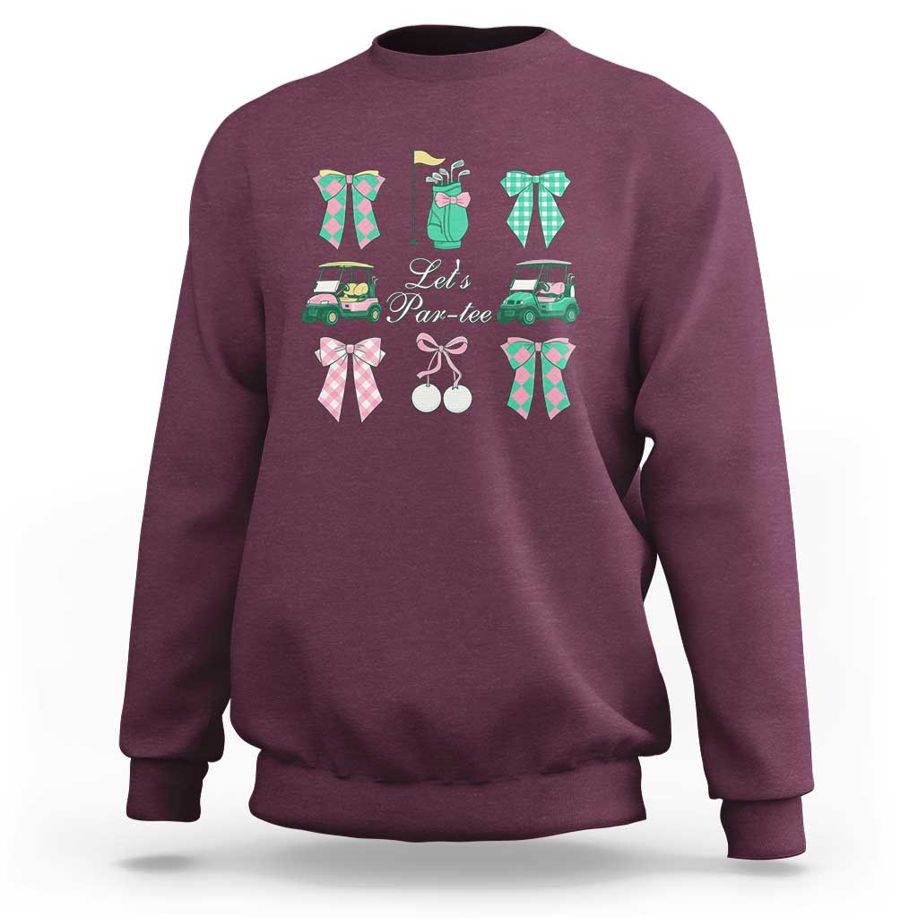 Lets Par-tee Coquette Golf Bows Sweatshirt Preppy Pink and Green Golf Cart n Bag Golfing Lover Club