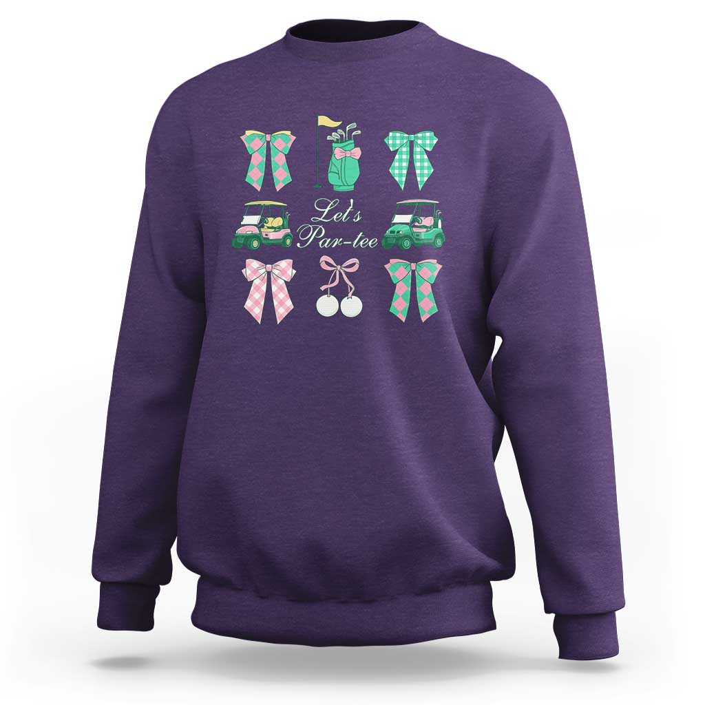 Lets Par-tee Coquette Golf Bows Sweatshirt Preppy Pink and Green Golf Cart n Bag Golfing Lover Club