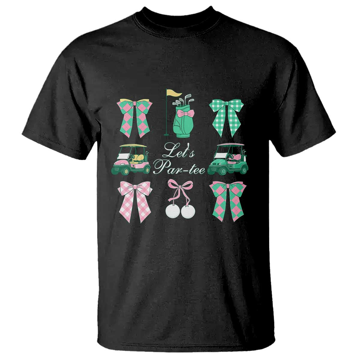 Lets Par-tee Coquette Golf Bows T Shirt Preppy Pink and Green Golf Cart n Bag Golfing Lover Club