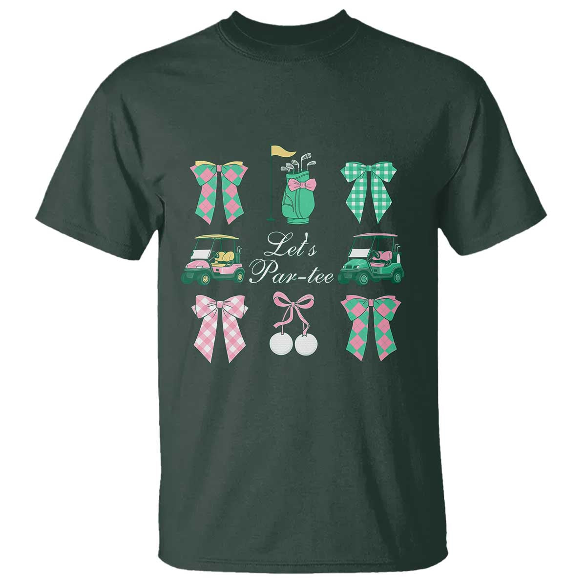 Lets Par-tee Coquette Golf Bows T Shirt Preppy Pink and Green Golf Cart n Bag Golfing Lover Club