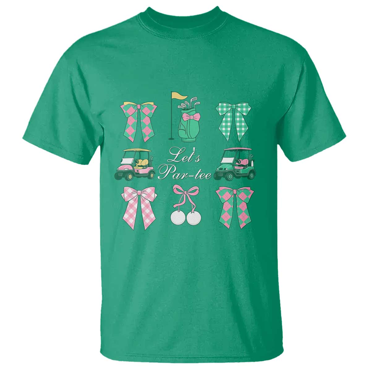 Lets Par-tee Coquette Golf Bows T Shirt Preppy Pink and Green Golf Cart n Bag Golfing Lover Club