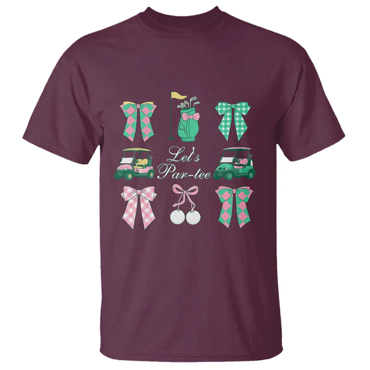 Lets Par-tee Coquette Golf Bows T Shirt Preppy Pink and Green Golf Cart n Bag Golfing Lover Club