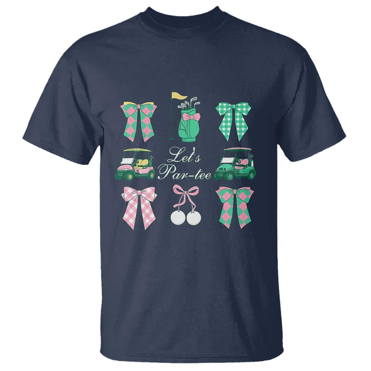Lets Par-tee Coquette Golf Bows T Shirt Preppy Pink and Green Golf Cart n Bag Golfing Lover Club