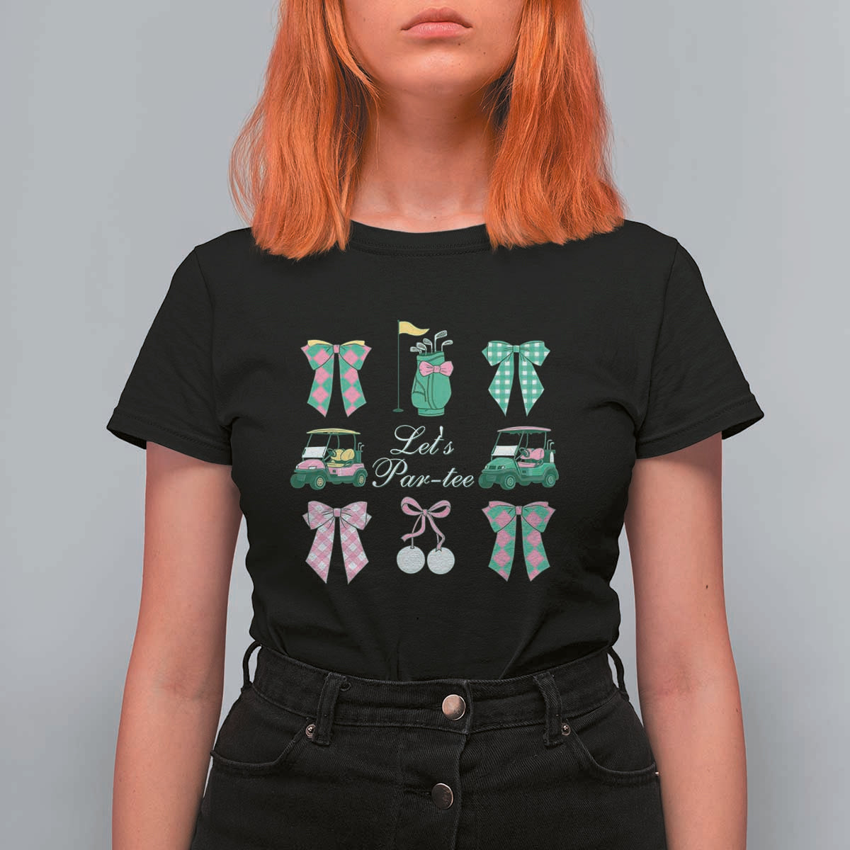 Lets Par-tee Coquette Golf Bows T Shirt For Women Preppy Pink and Green Golf Cart n Bag Golfing Lover Club