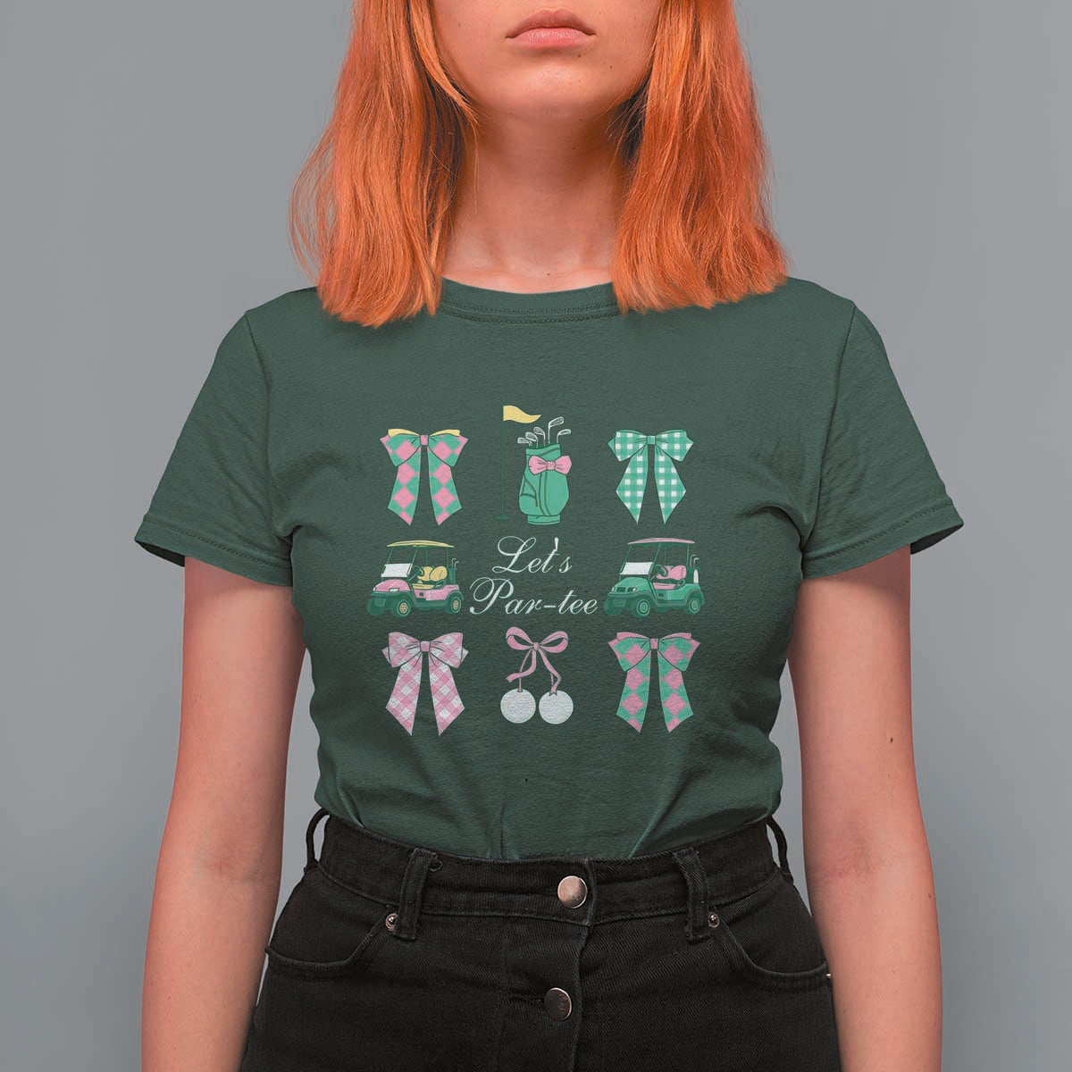 Lets Par-tee Coquette Golf Bows T Shirt For Women Preppy Pink and Green Golf Cart n Bag Golfing Lover Club
