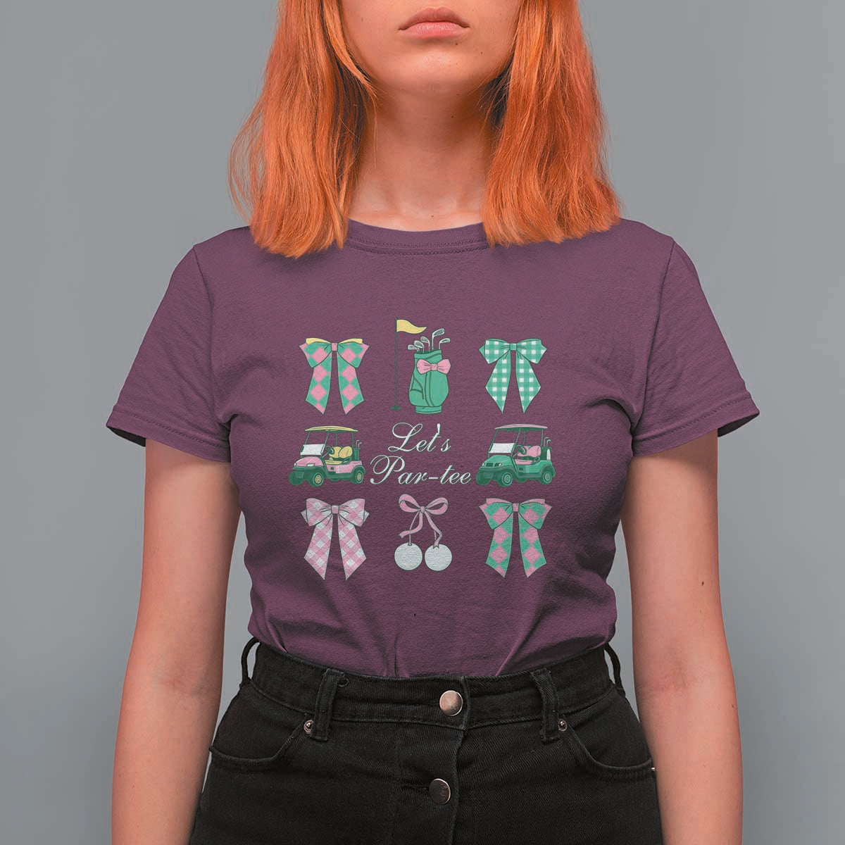 Lets Par-tee Coquette Golf Bows T Shirt For Women Preppy Pink and Green Golf Cart n Bag Golfing Lover Club