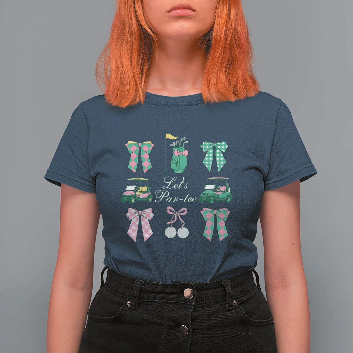 Lets Par-tee Coquette Golf Bows T Shirt For Women Preppy Pink and Green Golf Cart n Bag Golfing Lover Club
