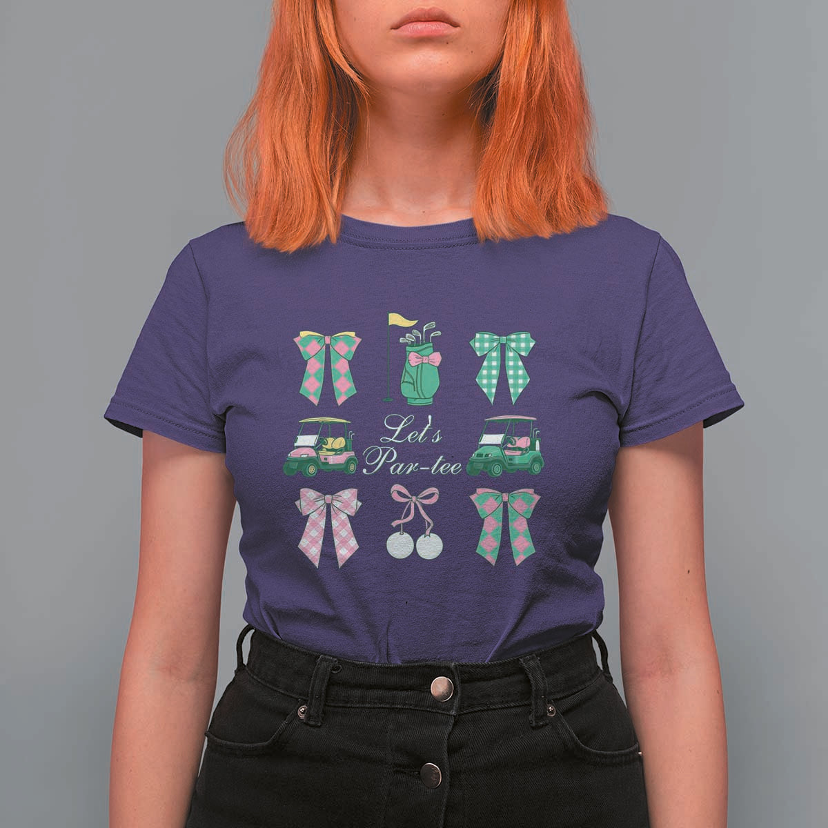 Lets Par-tee Coquette Golf Bows T Shirt For Women Preppy Pink and Green Golf Cart n Bag Golfing Lover Club