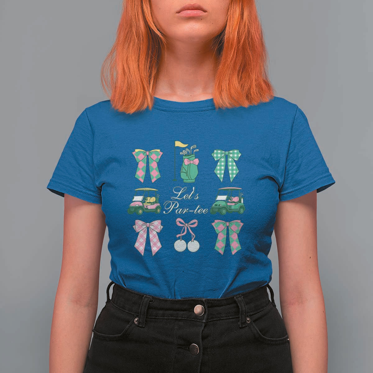 Lets Par-tee Coquette Golf Bows T Shirt For Women Preppy Pink and Green Golf Cart n Bag Golfing Lover Club