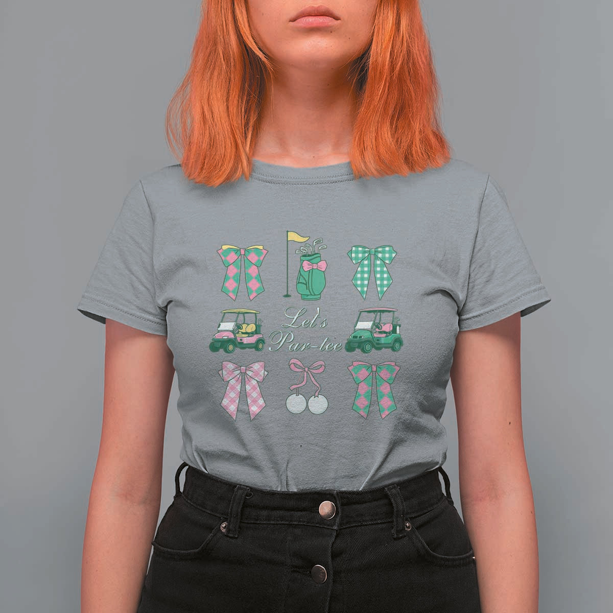 Lets Par-tee Coquette Golf Bows T Shirt For Women Preppy Pink and Green Golf Cart n Bag Golfing Lover Club