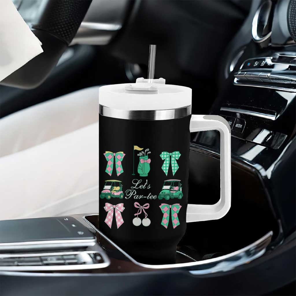 Lets Par-tee Coquette Golf Bows Tumbler With Handle Preppy Pink and Green Golf Cart n Bag Golfing Lover Club