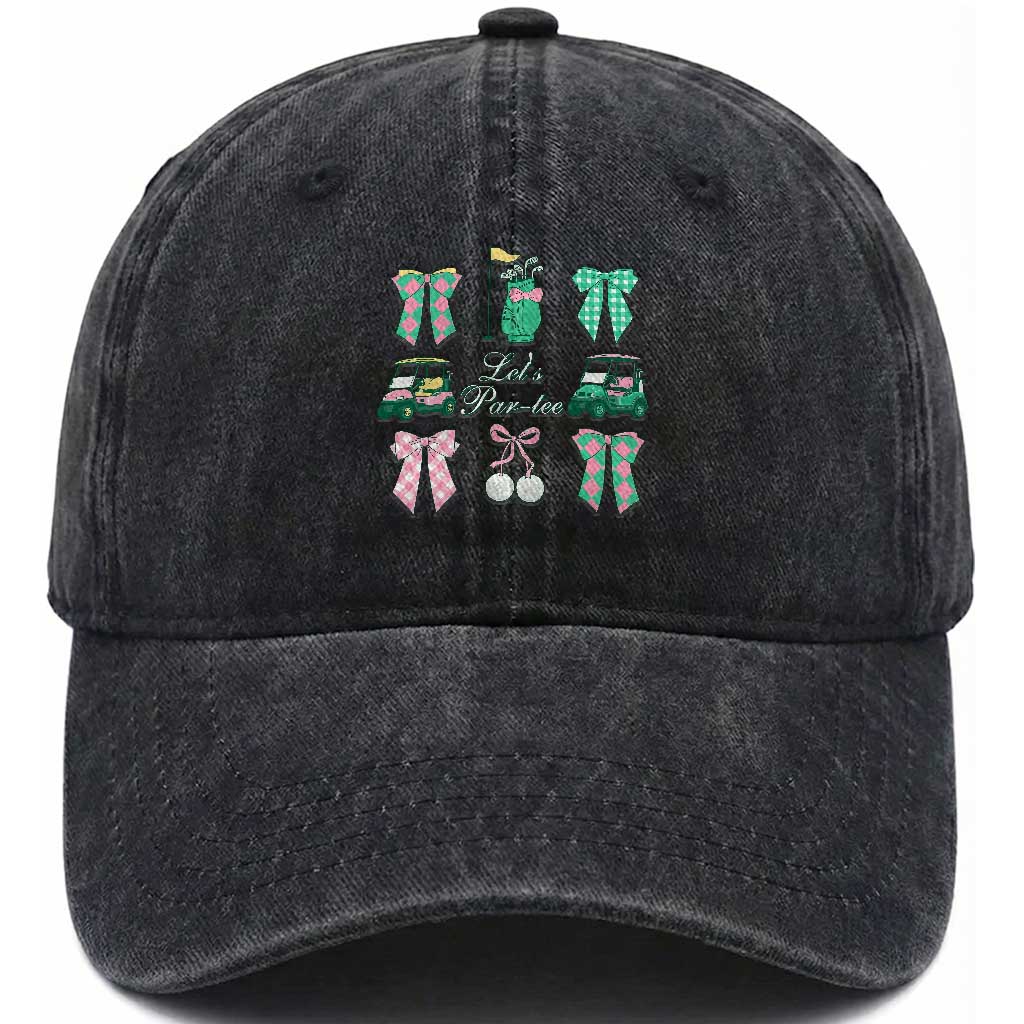 Lets Par-tee Coquette Golf Bows Washed Cotton Baseball Cap Preppy Pink and Green Golf Cart n Bag Golfing Lover Club